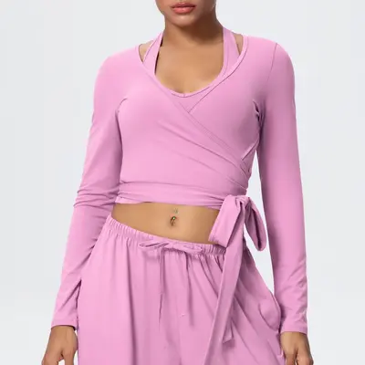 Women's Long Sleeve V-Neck Cross-Strap Quick-Dry Running Yoga Wear - 11