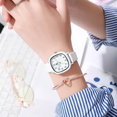 Square face quartz watch, white, for students - 8