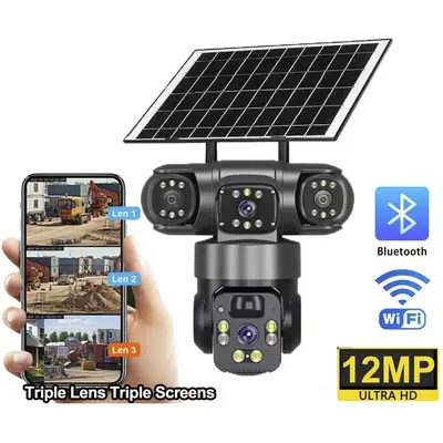 Güneş enerjili gözetleme kamerası V360Pro, üç lens, 4G, gece görüşü