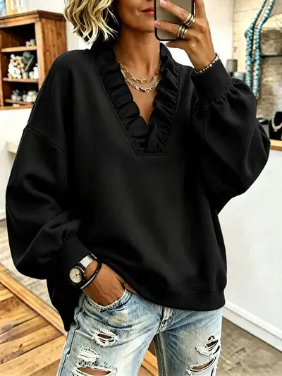 Kadın fırfırlı V yaka uzun kollu sweatshirt, sonbahar ve kış, bol kesim - 6