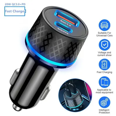 Emniyet çekiçli araba şarjı küçük çelik top araba şarjı dijital ekran sabit 12.5 araba şarjı USB + PD QC3.0 hızlı şarj