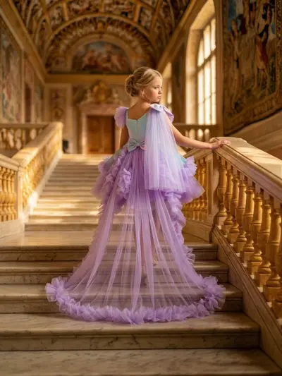 Mädchen-Babykleid zum ersten Geburtstag, Schrägschulter-Tutu mit Schleppe