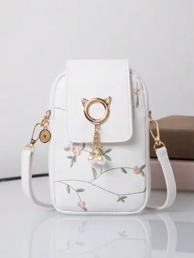 Embroidered Women's Phone Bag with Organizer Compartments - 7