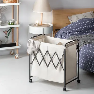 Foldable Two-Compartment Rolling Laundry Basket