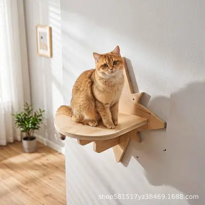 Wooden Cat Wall Shelf with Star and Moon Hammock Climbing Set - 7