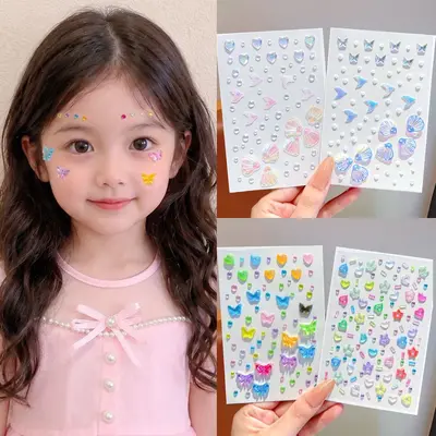 Çocuk Yüz Makyajı Kelebek Elmas Sticker, Renkli Taşlı Konser Makyaj Aplikasyonu