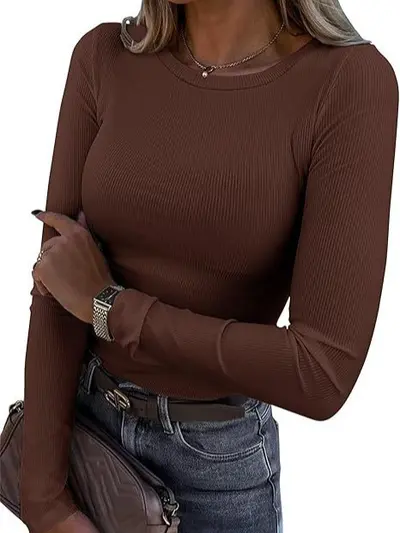Women's Long Sleeve Slim Ribbed Basic T-Shirt, Round Neck, Elastic