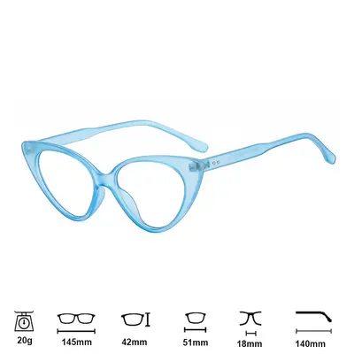 Cat-Eye Optical Glasses, Large Frame, Blue Light Filter, Flat Lens, Prescription Capable