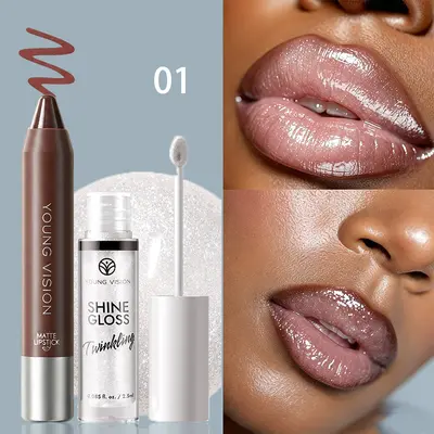 YOUNG VISION 2er Lippen-Make-up-Set, Glitzer-Lipgloss und mattierter Lippenkonturenstift