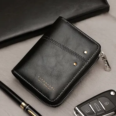 Retro Oil Wax Leather Men's Vertical Wallet with Rivets and Zip Coin Pocket - 8
