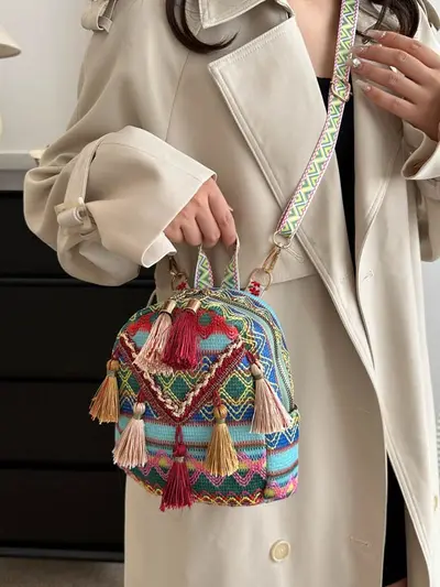 Women's Lightweight Backpack, Ethnic Tassel Design, Small Travel Size - 4