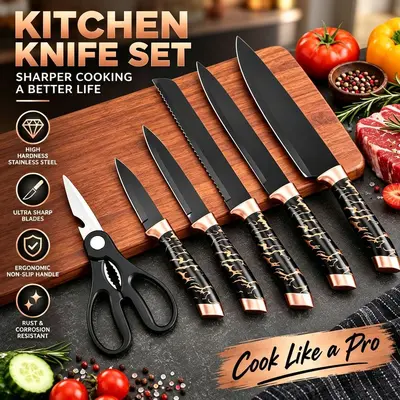 Black and White Marble Pattern 7-Piece Kitchen Knife Set