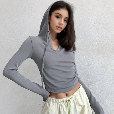 Sport-Kapuzenshirt mit V-Ausschnitt, Yoga-Langarmoberteil - 7