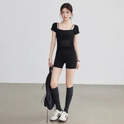清仓瑜伽服女新款网纱运动上衣性感显瘦带胸垫健身训练服套装批发