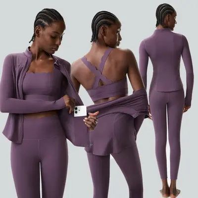 Enges Yoga-Set für Damen, große Größen, elastisch, schnell trocknend, 3-teilig - 3