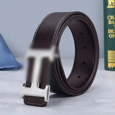 Premium Litchi Grain Men's Leather Belt Fashion Letter H Smooth Buckle Youth Trendy Waistband Factory Stock Direct - 10
