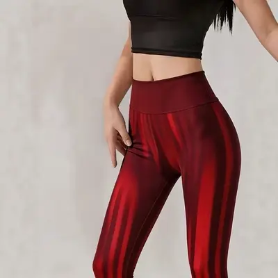 Yoga Pantolonu Kırmızı Gradyan Dikey Çizgili Yüksek Bel, Vücut Hatlı Kadın Fitness Pantolo