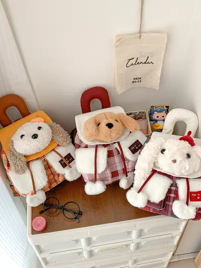 Plush Puppy Head Mini Backpack with Plaid Pattern for Girls - 1