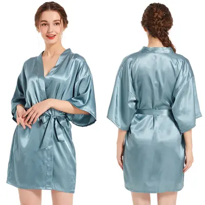 Amazon Grenzüberschreitender Damen-Satinmorgenmantel gedreht, einfarbig glänzend, Sommer dünn, sexy, kurze Strickjacke, Bademantel - 10
