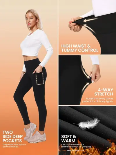 Polar Astarlı Kalın Yüksek Belli Kadın Sıcak Tayt, Cepli Fitness Pantolon - 3