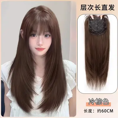Women's Realistic Crown Topper Hair Piece with Full Bangs - 7