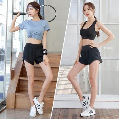 瑜伽服运动女短袖短裤三件套装速干透气跑步衣时尚显瘦夏季健身服