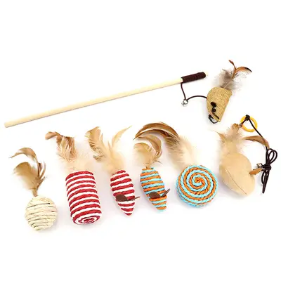 Cat Teaser Wand Toy Set, 7 Pieces with Feather Mice - 5