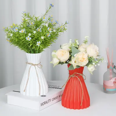 Origami desenli plastik vazo, ipli büzgü ağızlı, modern dekor