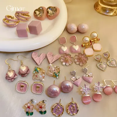 Gümüş iğne pembe kız gibi kalp pilili kalp çiçek kedi gözü inci küpeler moda küpeler üst düzey küpeler
