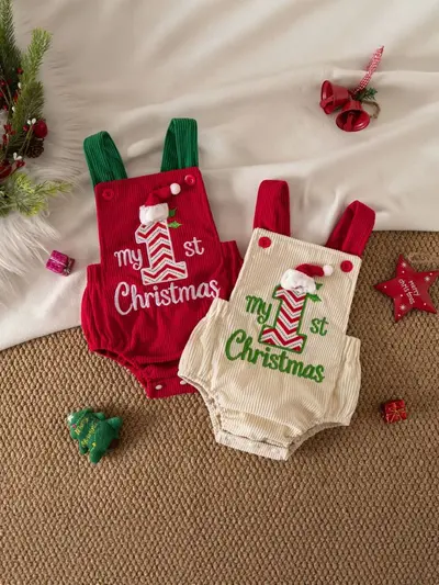 Kız Bebek Noel Temalı Fitilli Kadife Kolsuz Tulum, Nakışlı