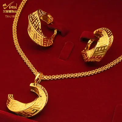 24K altın kaplı bakır takı seti kolye küpe geometrik - 10