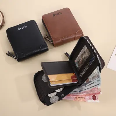 Men's Short Horizontal Wallet with Multiple Card Slots and Zipper Coin Pocket - 3