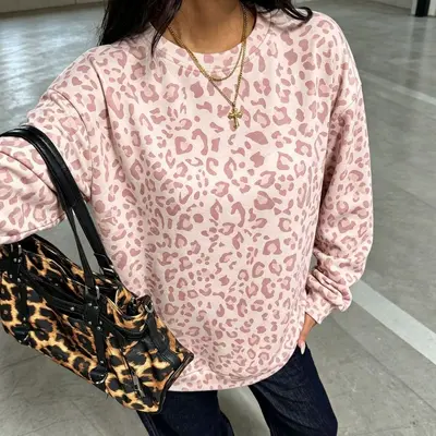 Women's Leopard Print Round Neck Loose Sweatshirt, Autumn Winter