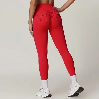 Peach Cargo Pocket Yoga Pants, High-Waist Butt-Lifting, Quick-Dry - 13
