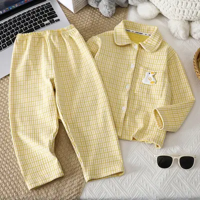 Children's Plaid Pajama Set Long Sleeve Two-Piece Loose Fit - 7