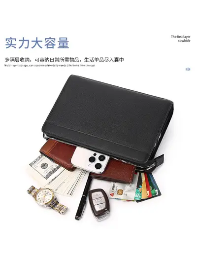 Men's Clutch Bag, Large Capacity Full-Grain Cowhide Leather - 4
