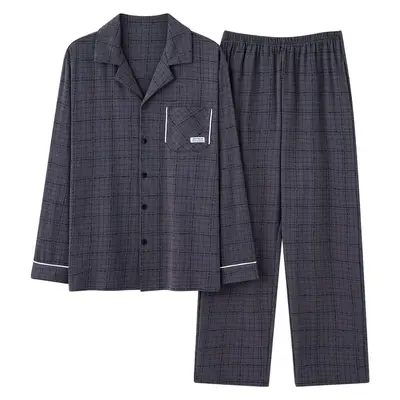 Men's Cotton Long-Sleeve Cardigan Pajama Set, Plus Size