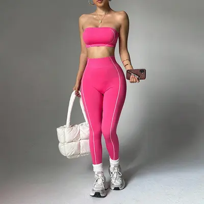 跨境TK爆款瑜伽服套装女撞色裹胸上衣蜜桃臀修身长裤健身运动服 - 9