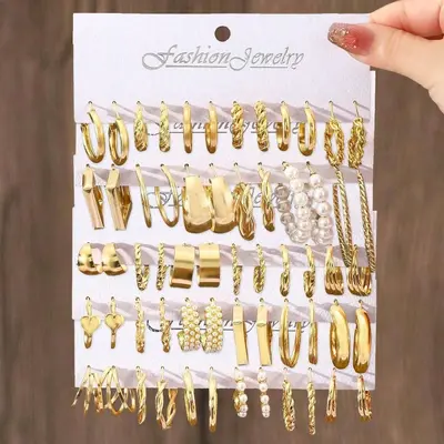 欧美C形金属纹理高级感个性耳圈女复古麻花耳环套装6件套earrings - 7