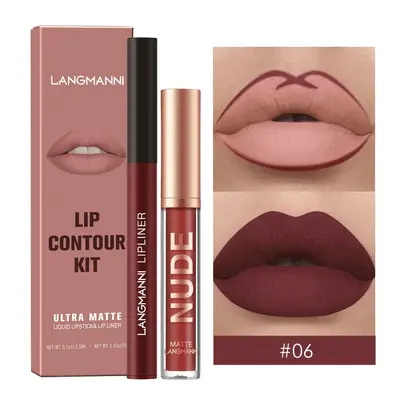 Langmanni 1+1 Matte Lip Gloss and Lip Liner Set, 2 Pieces, Non-Transfer - 11