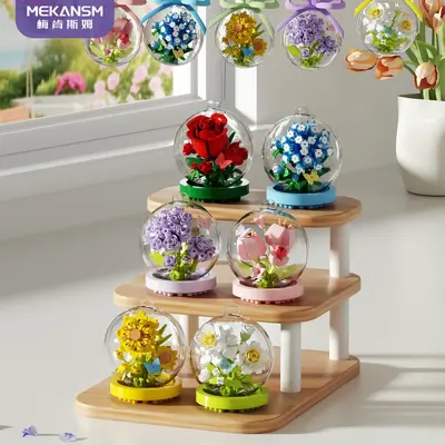Viral Hot-Selling Home Decor Figurine Small Toy Assembly Building Blocks Micro Particle Building Blocks Sunflower Everlasting Flower Glass Dome