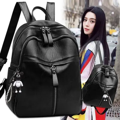 Women's Backpack Korean Style Fashionable PU Soft Leather Trendy Bag Simple Black Casual Backpack Single Shoulder Crossbody Bag - 1