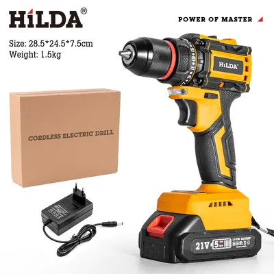Hilda Bürstenlos 21V Lithium-Ionen Bohrmaschine mit hohem Drehmoment, grenzüberschreitende Neuversion Lithium-Ionen Elektrobohrer Elektroschraubendreher Starter Set