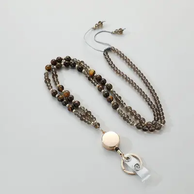 Retractable ID Card Lanyard with Natural Stone Crystal Long Necklace - 9