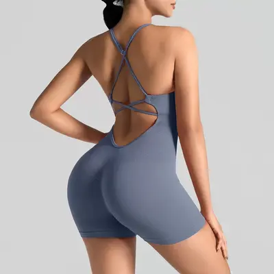 Askılı Yoga Tulumu Şortlu, Seksi Tek Parça Spor Tulumu - 11