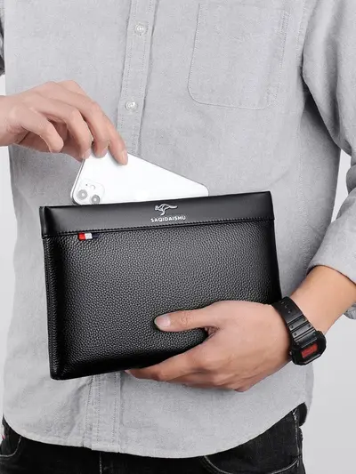 Men's Genuine Leather Clutch, Business Envelope Style, Full-Grain Cowhide - 4