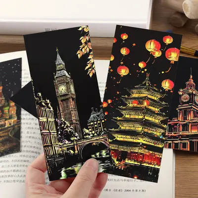 Scratch-off colourful city night scene bookmark, handmade DIY gift - 5