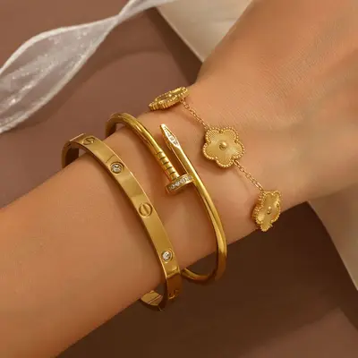 Stainless Steel Gold Bracelet Set Four-Leaf Clover Diamond - 12