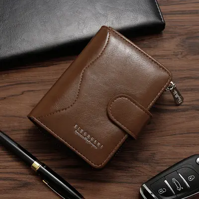 Oil Wax Leather Men's Vertical Wallet, Zipper and Snap Closure - 6