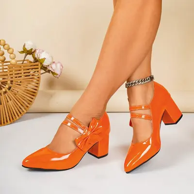 Women's Chunky Heel Pointed Toe Pumps in Plus Sizes, Bow Detail, Lightweight - 9